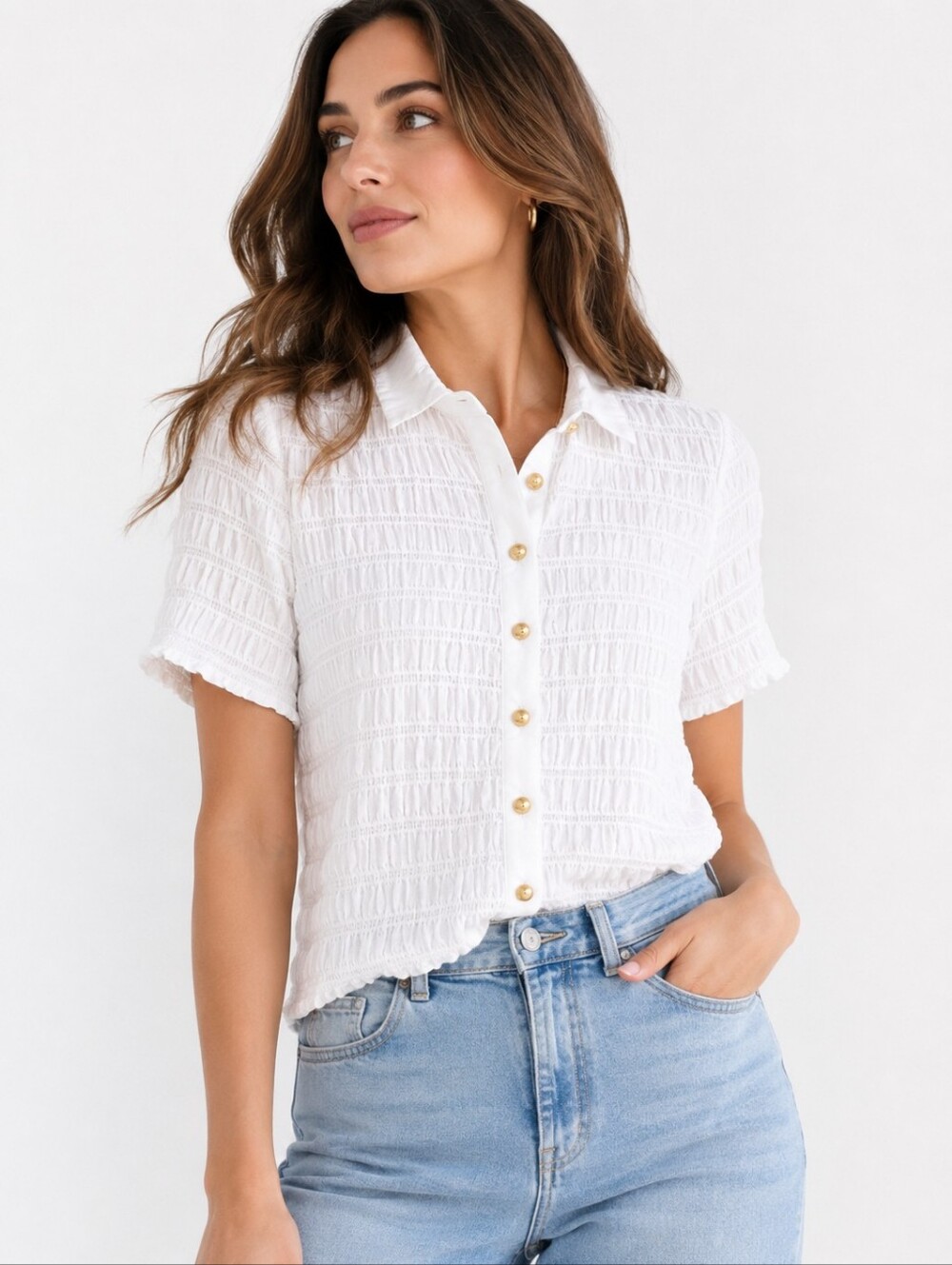 J. Crew Smocked Preppy Button-Up Shirt White Gold Button Cotton Voile Top NWT XS